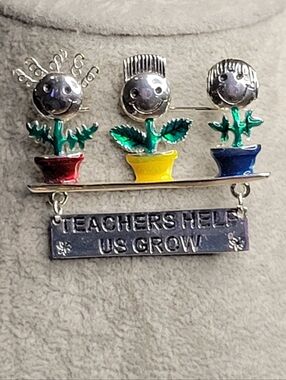 Vintage "Teachers Help Us Grow" Enamel Child-Flower Brooch